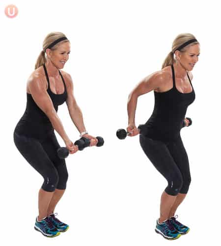 Chris Freytag doing a reverse grip dummbell row with a pair of black dumbbells. 