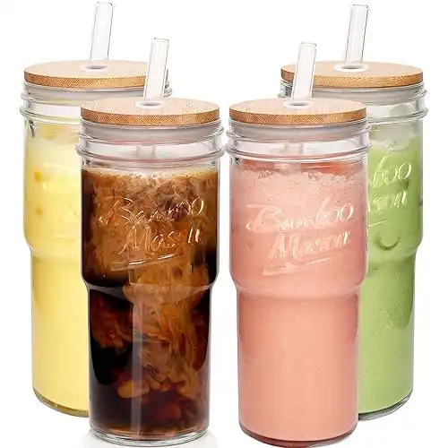 Glass Cups with Lids and Straws